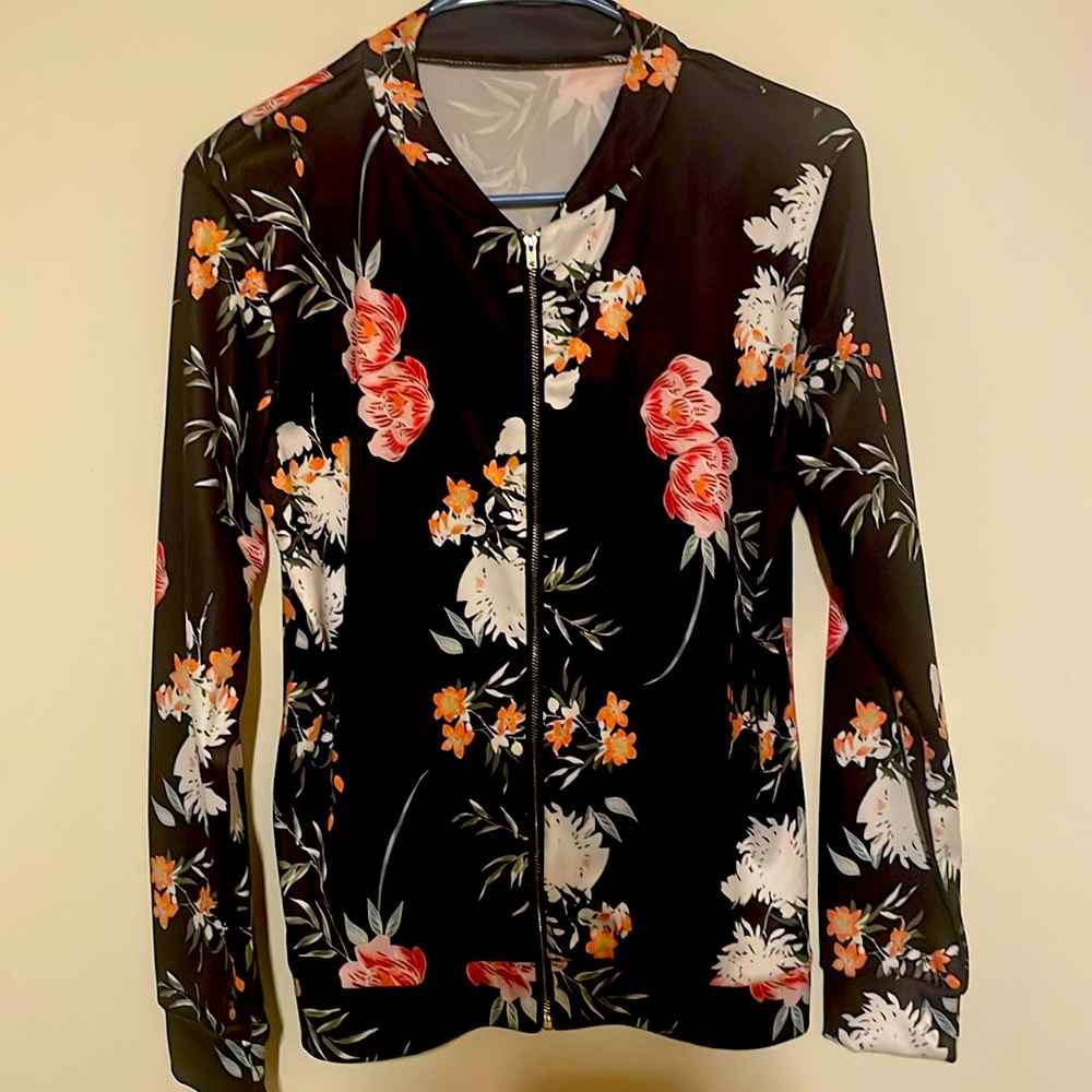 S lightweight black floral bomber jacket